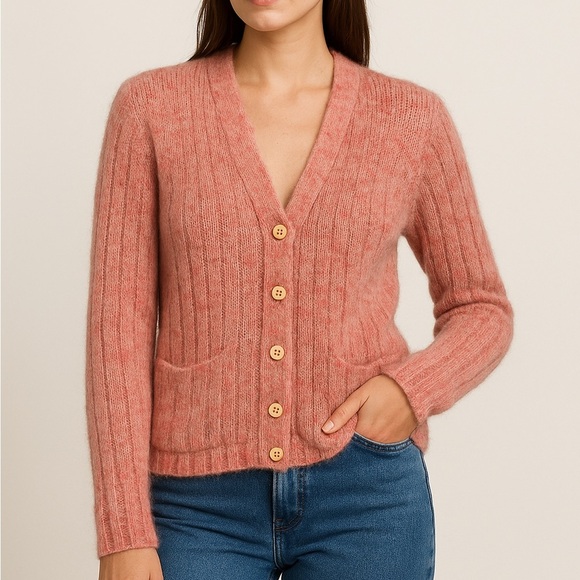 Crazy Horse womens cardigan mohair blend rib knit button front medium pink - Picture 2 of 13